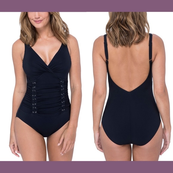 NEW $128 Profile by Gottex Moto V-Neck Shirred One Piece Swimsuit‎ [SZ 8 ] - Picture 1 of 8